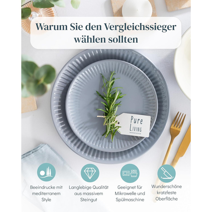 Набір посуду Steingut Hygge 48 предметів (12 осіб), сіро-блакитний колір, преміум якість