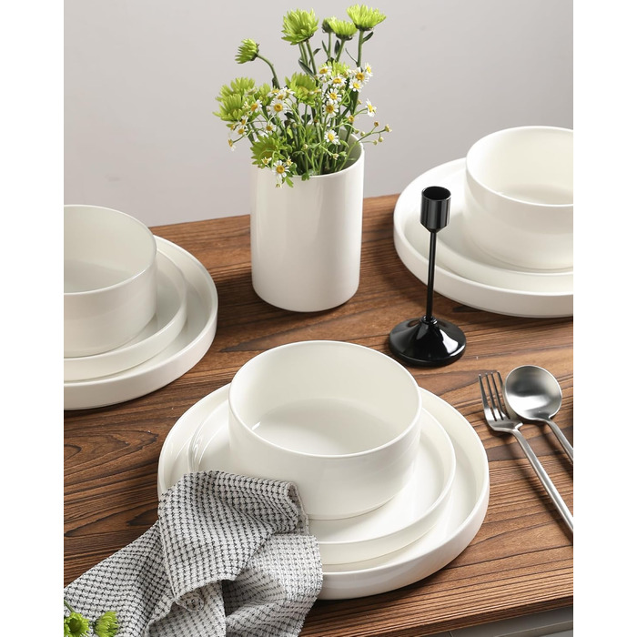 Набір посуду Sweejar Home з кераміки для 4 осіб (12 предметів): порцелянові тарілки та миски, богемський стиль, простий набір для обіду, придатний для миття в посудомийній машині та використання в мікрохвильовій печі