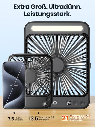 Вентилятор для кемпінгу Warmco 20000mAh з лампою та дисплеєм, 15-48 годин роботи, тихий, ультратонкий, з гачком, USB, чорний