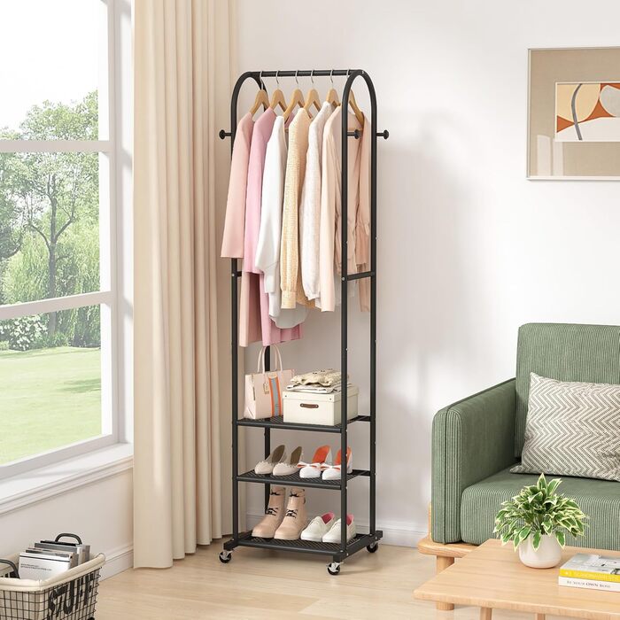 Robust Clothes Rack with Wheels, Modern Clothes Rack with 3 Metal Shelves, 180 cm Display Stand for Hanging Clothes, Clothes Rail for Small Room, Black