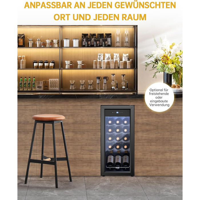 WIE 33L 1-Zone Wine Cooler Fridge - Compact Wine Refrigerator with Glass Door, LED Touch Panel, Anti-UV Protection (18 Bottles)