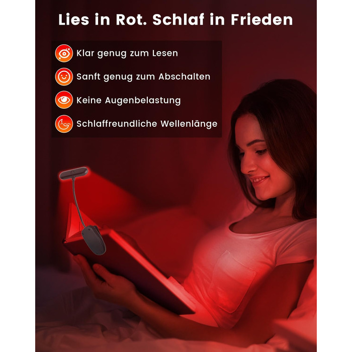 Ліхтарик для читання з червоним світлом 670 нм, кліпса на книгу, з функцією пам'яті, димування та USB-зарядкою. Без синього світла, портативний, для ліжка та захисту очей.