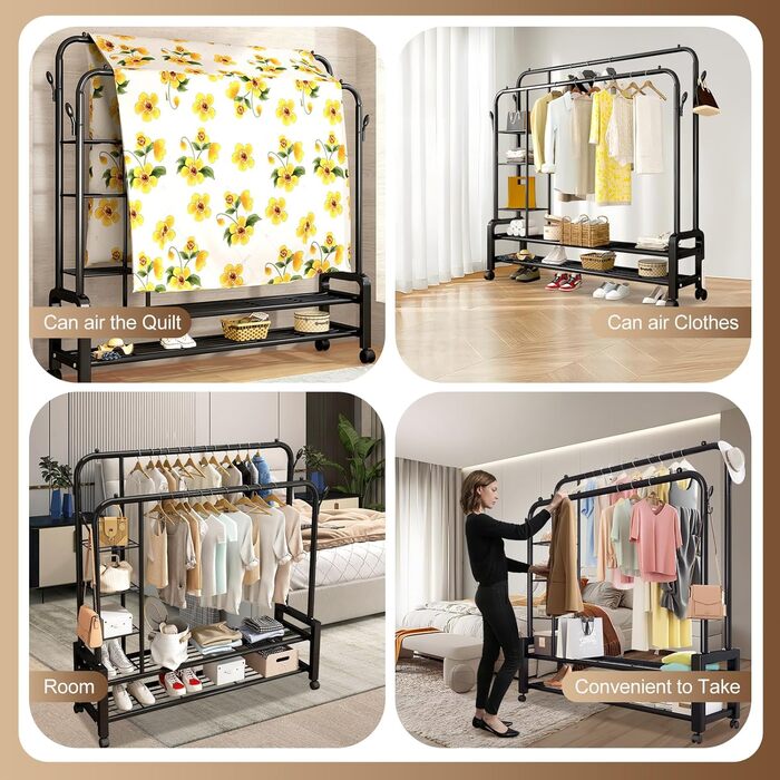 Clothes rack, clothes rod, rolling clothes rack, rolling clothes rod, stable clothes rack, black clothes rack, clothes rack with wheels and two clothes rods (Black)