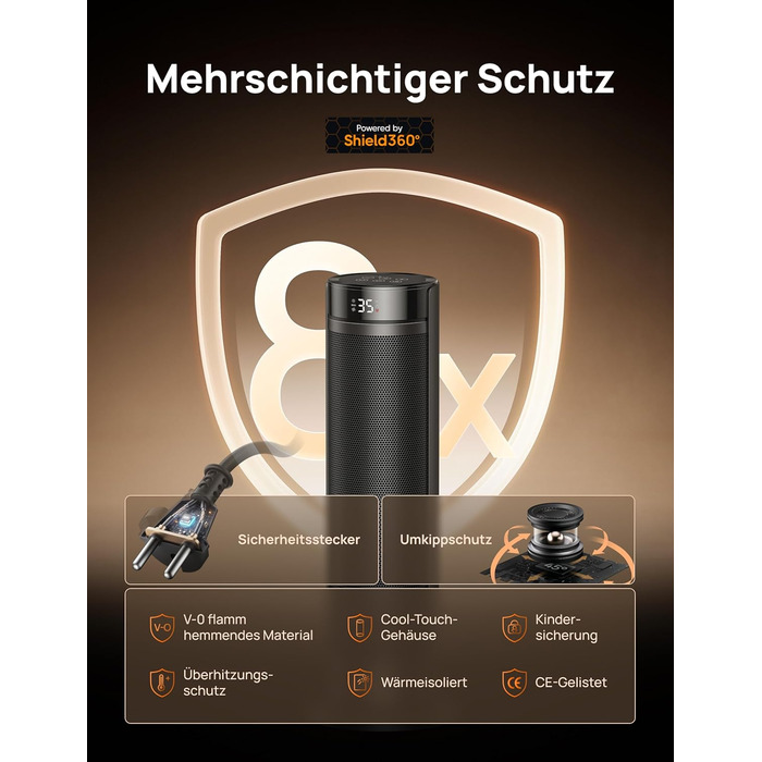 Електричний обігрівач Dreo 23 дюйми (58 см) – 2000W, тихий, з пультом, таймером, осциляцією, 5 режимів, PTC кераміка, термостат, для великих приміщень, офісу (чорний)