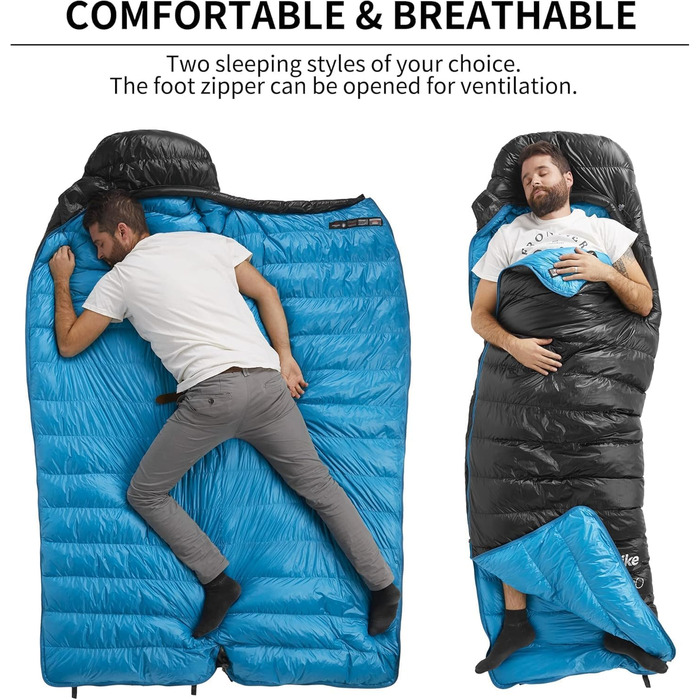 Спальний мішок Naturehike CW400: ультралегкий, пуховий, для дорослих, -11°C—6°C, з компресійним водонепроникним чохлом. Підходить для походів, велопоїздок та кемпінгу. Чорний колір.