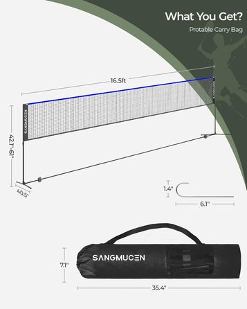 М'язова сітка для бадмінтону, волейболу та тенісу SANGMUCEN 3м/5м, регульована висота, портативна, легка в розкладанні, чорно-синя