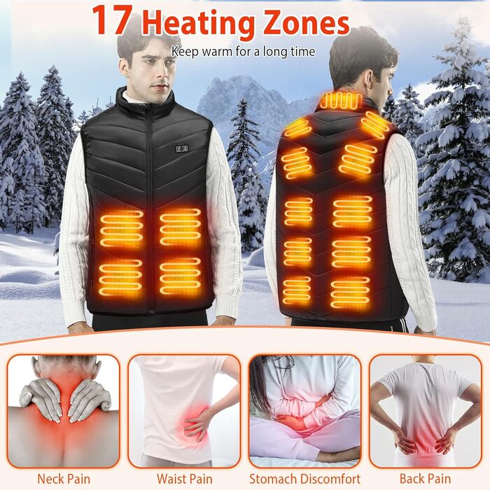 Електрична гріюча жилетка з акумулятором 27000mAh 7.4V, 17 зон нагріву, для чоловіків та жінок, чорна