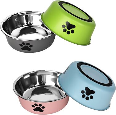 Набір з 4 мисок для собак з нержавіючої сталі з неслизьким силіконовим дном, 900 мл, для корму та води (зелений, сірий, блакитний, рожевий)