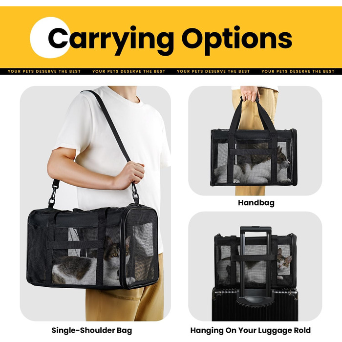 Транспортна переноска для кота Conlun, м'яка переноска з сіткою з 4 сторін, підходить для перевезень літаком, для кошенят та малих котів до 6 кг, чорна, 43x28x28 см