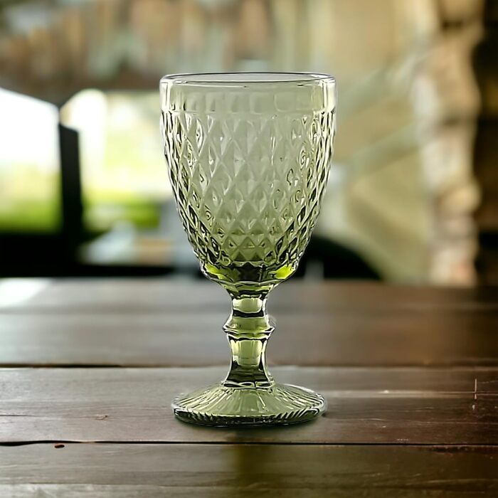 Vintage Set of 6 Colored Glasses and Tumblers with Diamond Pattern (Netz Green Wine Glass), Long Drink Glasses, Cocktail Glasses with Embossing, Glass, Tumbler, Wine Glass, Water Glass, Goblets