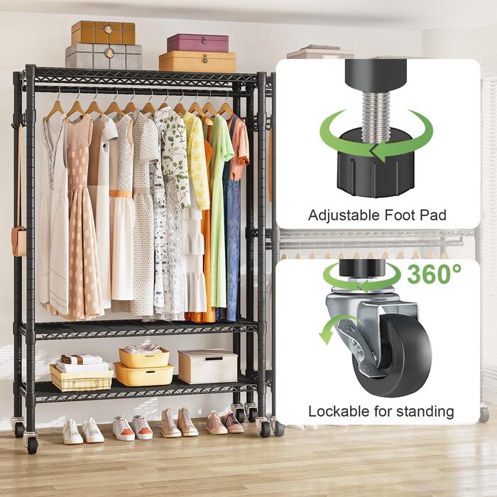 Вішалка для одягу на коліщатках металева з полицею та гачками, чорна 120x45x205 см