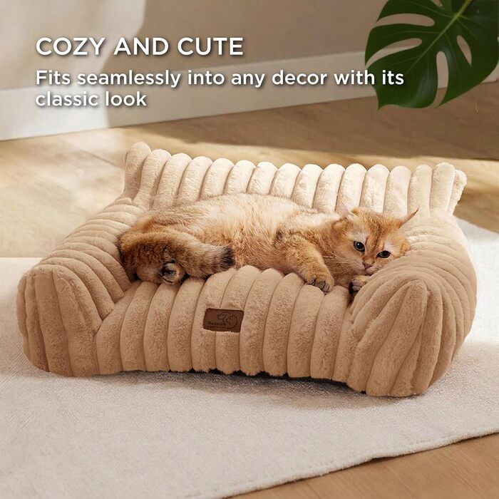 Ортопедичне ліжко для котів BEDSURE великого розміру 61x46x25 см - зручне диван-ліжко для собак та котів, м'яке, з антиковзким покриттям, Kamel