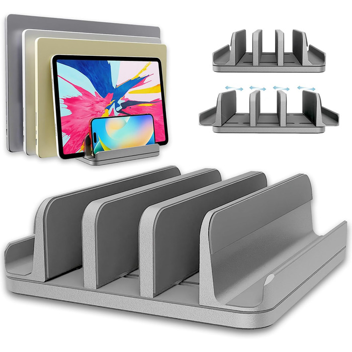 TEFONIA 5-Slot Aluminum Laptop Stand Holder - Adjustable Desk Organizer for MacBook, Surface, Galaxy, iPad, Tablet, iPhone