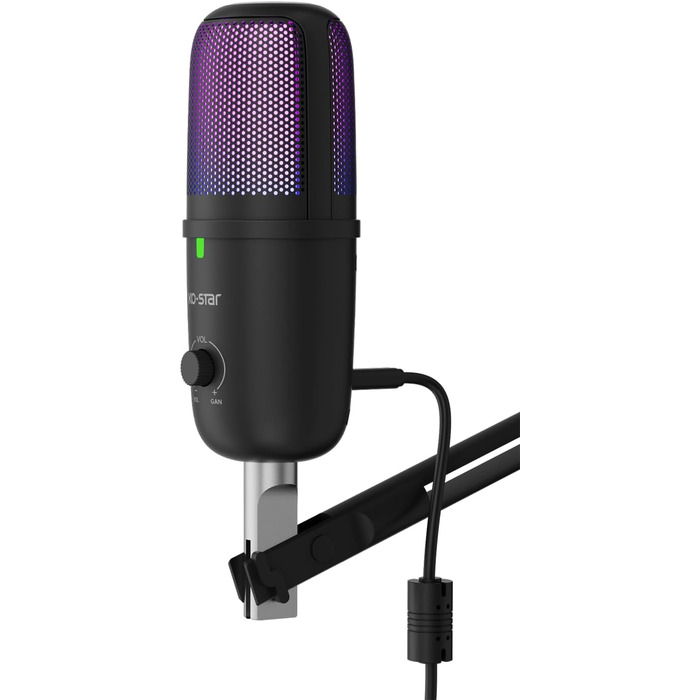 KO-Star USB мікрофон з RGB підсвіткою для ПК та смартфона – конденсаторний мікрофон зі штильником, регулятором підсилення, поп-фільтром та антивібраційним кріпленням для стрімінгу, подкастів та запису
