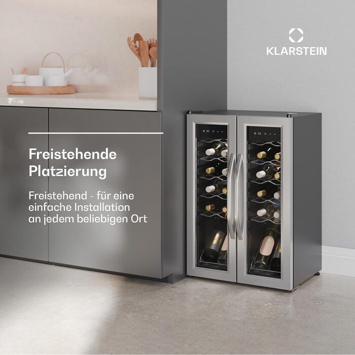 Klarstein Freestanding Wine Cooler - Compact Beverage Refrigerator with Dual Zone & Glass Door - Indoor/Outdoor Beersafe - LED Lighting - 5-18°C - 33 Bottle Capacity (24 Bottle - 2 Zone) - Black