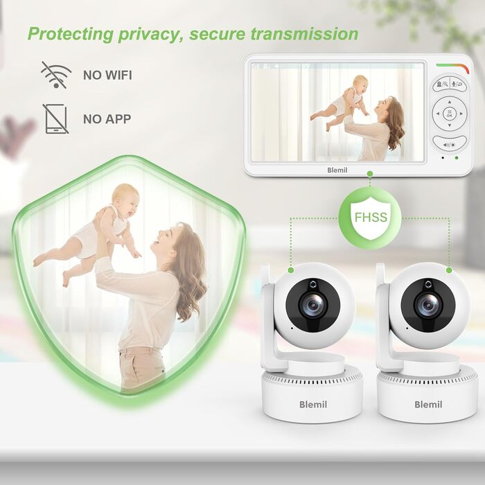 Відеоняня Blemil BL9064-2 з камерою, 6-дюймовий IPS дисплей, акумулятор 4000 mAh, ECO-режим, авто-нічне бачення, 2-сторонній аудіо, радіус дії 300 м, виявлення плачу