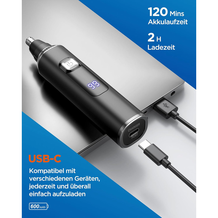 Триммер для носа, вух та брів Herren 3-в-1 з LED-дисплеєм, USB-C, IPX7, чорний - для чоловіків та жінок