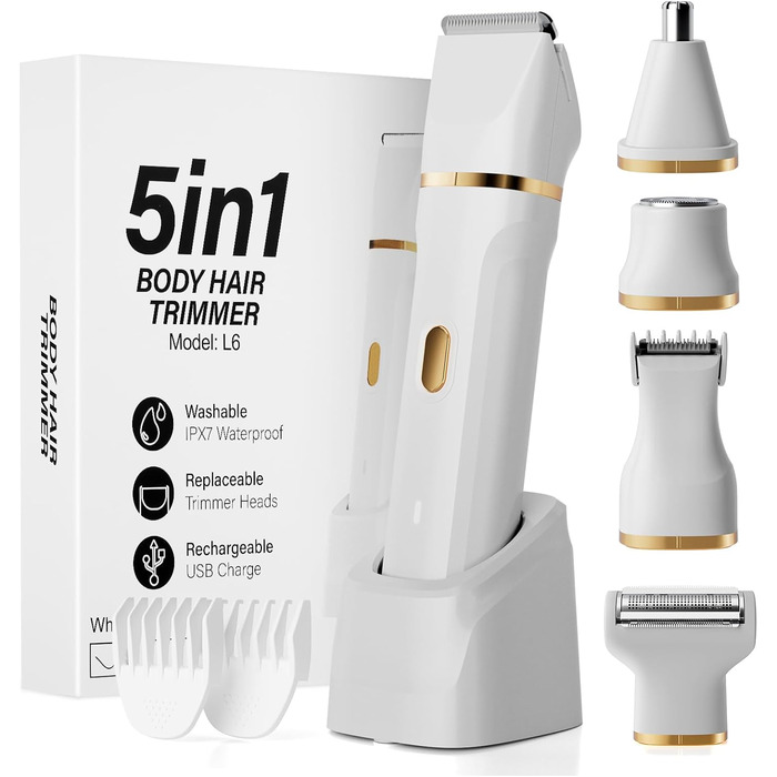 Електричний жіночий тример 5-в-1: для тіла, обличчя, інтимної зони. Вологостійкий (IPX7), USB-C зарядка