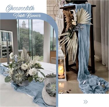 Showgeous 6-Piece Cheesecloth Table Runner Dusty Blue, 90 x 300 cm Table Runner Boho Style Rustic Gauze Fabric Table Decoration for Vintage Wedding, Birthdays, Baby Shower, Holiday Party