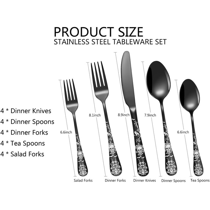 Набір столових приборів Xiaoyu 20 предметів, чорний, з дизайном черепів, готичний, нержавіюча сталь, на 4 особи. Столові прибори на Хелловін