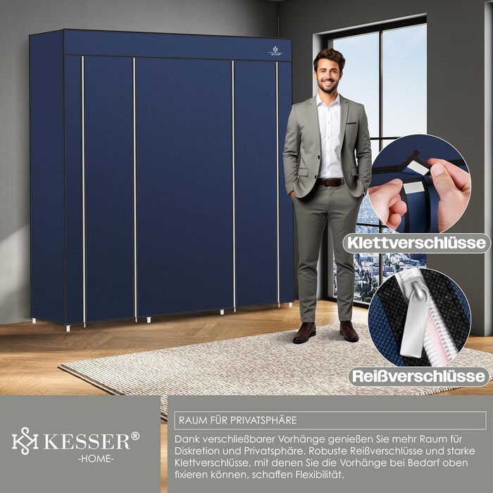 KESSER® Wardrobe Clothes Closet Stable with Clothes Rail & Shelves, Incl. 5x Clothes Hangers, Fabric Folding Closet for Bedroom, Dressing Room Wardrobe with Clothes Rack 150x45x175cm Navy Blue