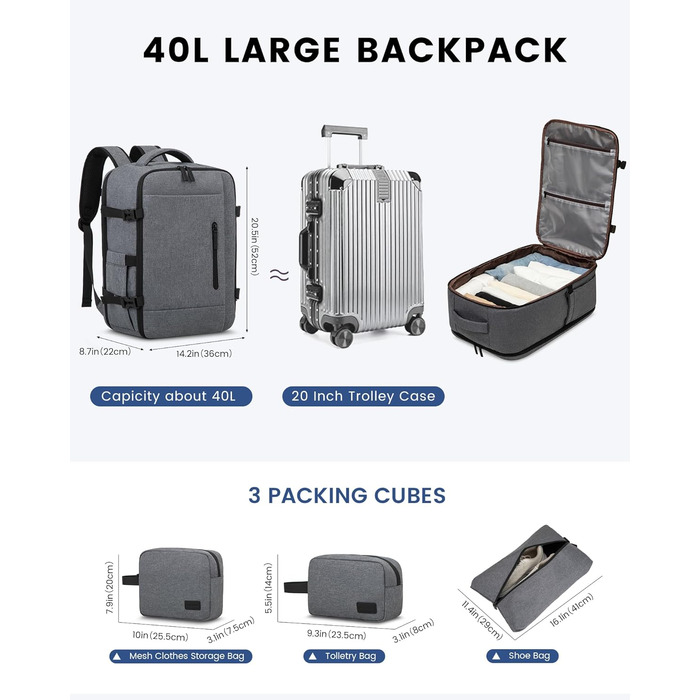 LOVEVOOK Рюкзак-валіза для ручної поклажі, 40L, для ноутбука 17.3
