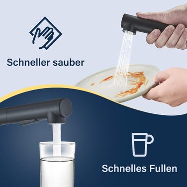 Змішувач для кухні Rozin, чорний матовий, високого тиску, з висувною лійкою 360°, 2 режими, для мийки, з донним клапаном (Orb)