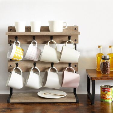 Vintage Mug Holder with 8 Hooks, Coffee Cup Holder for Kitchen Countertop, Cup Rack with Storage Bottom, for Kitchen Dining Room Cafe 40 x 15 x 40 cm, TBJ002H (with Shelf, Greige)