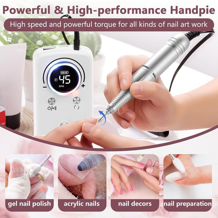 Професійний портативний фрезер для нігтів 45000 об/хв з LCD-дисплеєм - для акрилу та гелю, 11 насадок, рожевий/білий