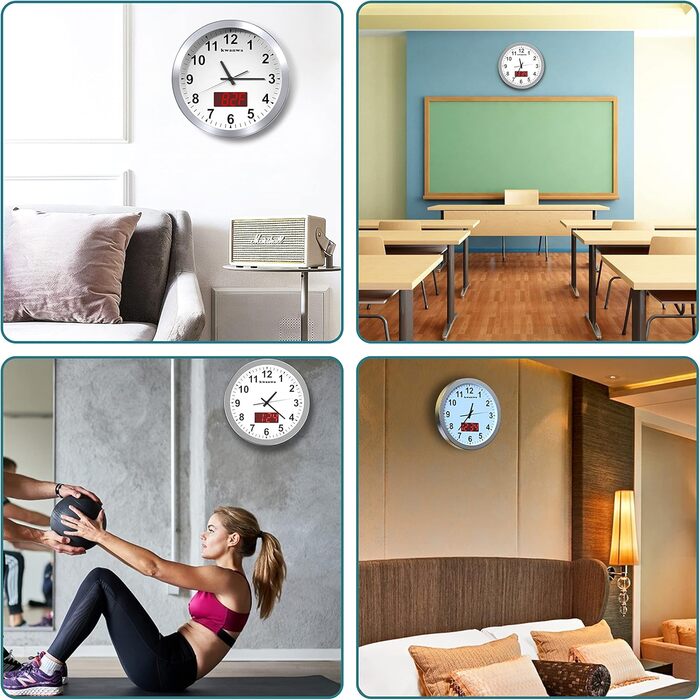 KWANWA Modern Wall Clock with No Ticking Sound • Digital LCD/LED Display • Calendar & Temperature • Battery Powered • 30.5cm • 12h Format, Perfect for Kitchen, Bedroom & Office (Silver Case, Red LED)