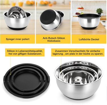 Набір мисок Bastwe з нержавіючої сталі, 4 шт. з кришками, тертки, для випічки та зберігання, складаються, 4.5L/3.5L/2L/1.1 L
