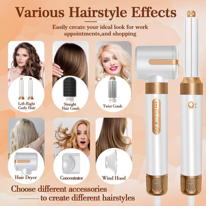 Фен-щітка Air Styler 7 в 1: 7 насадок для укладки волосся, включаючи щітку, плойку, насадку для локонів, диффузор та концентрат, для дому та подорожей (білий)