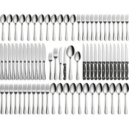 Набір столових приборів на 12 осіб, 60 предметів, чорний, з нержавіючої сталі, високоглянцевий, придатний для миття в посудомийній машині, елегантний, з ножем, виделкою, ложкою, для дому, вечірки, ресторану
