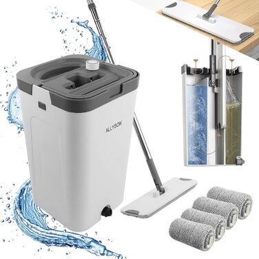 Набір для миття підлоги Allyson® Wischmopp Set: відро, 5 мопів, видалення волосся, віджим, для квартири, плитки та дерева