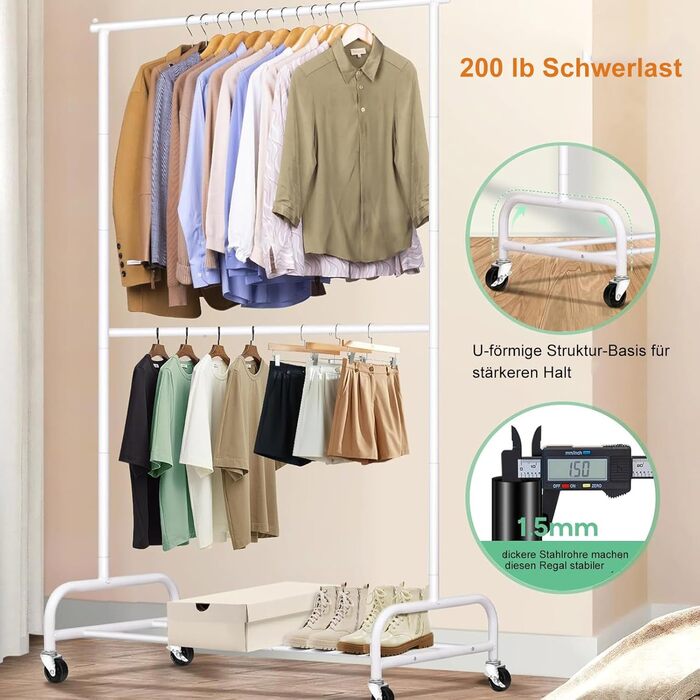 MISSLO Heavy-Duty Clothes Rack Double, Metal Clothes Rail on Wheels Stable Mobile Coat Rack for Coats, Shirts (White)