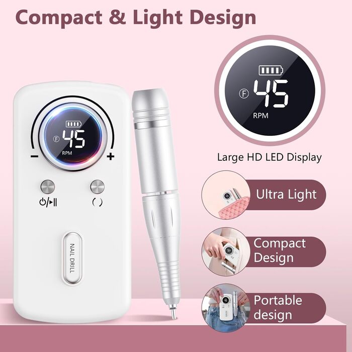 Професійний портативний фрезер для нігтів 45000 об/хв з LCD-дисплеєм - для акрилу та гелю, 11 насадок, рожевий/білий