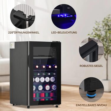 Холодильник для напоїв DRIXNO 76L з морозильною камерою, для льоду, вміщує 51 банку лімонаду, води, пива або вина. Компактний холодильник з скляними дверцятами, тиха робота, енергоефективний, чорний