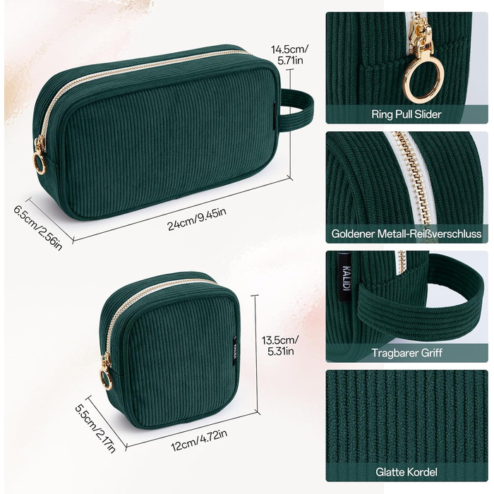 Косметичка жіноча KALIDI з корду, з відділеннями, металева блискавка, для подорожей, зелена