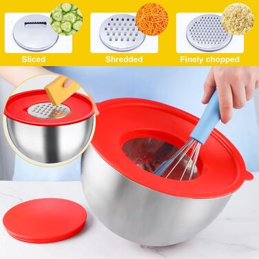 Набір місок з нержавіючої сталі 5 шт. з кришками – 4.5L/2.7L/1.6L/1.1L/0.7L – з 3 тертками, неслизькі та стіклі, придатні для миття в посудомийній машині для кухні та випічки