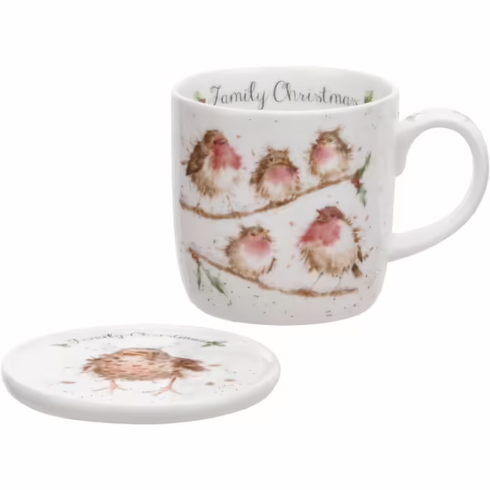 Чашка та підставка Royal Worcester Wrendale 'Family Christmas' з пташками, кольорова, подарунковий набір для сімейного Різдва