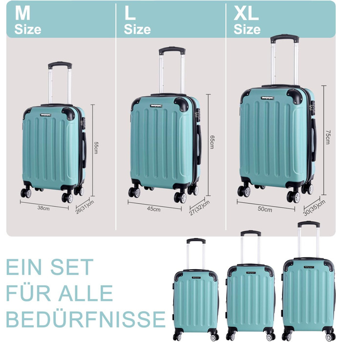 Набір валіз 3er - міцні валізи з ABS-корпусом, TSA-замок, розширюваний об'єм - M, L, XL, захист кутів, колеса на 360°, телескопічна ручка, підходить для ручної поклажі & штабелювання Green