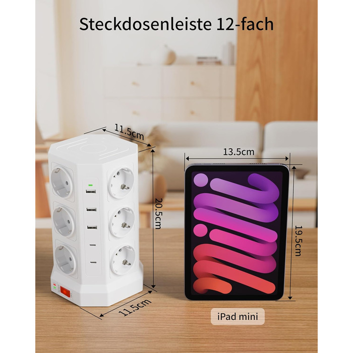 Блок розеток із захистом від перенапруги (3680W/16A), 12 розеток з 5 USB, мережевий фільтр з вимикачем, 1,5м кабель, захист 1050J, для дому/офісу, білий