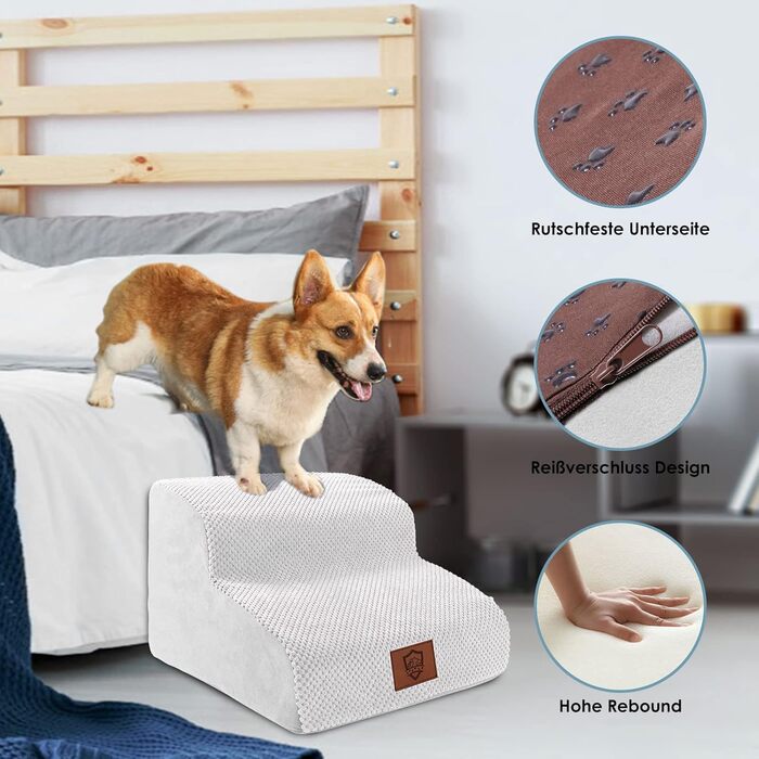 Pet Stairs, Dog Stairs, Foam Sofa Dog Stairs, Washable Non-Slip Cat Stairs, Dog Stairs for Small Dogs and Cats, Portable Dog Ramp for Bed, Couch and Car (2 Steps Dog Stairs, white)