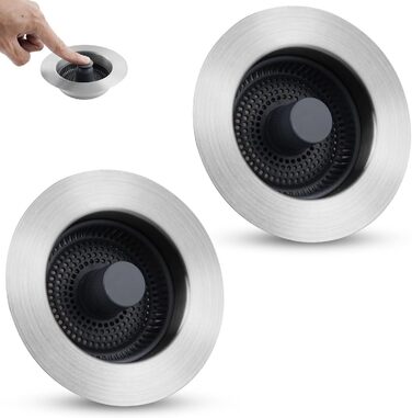 2 Pieces – 3-in-1 Kitchen Sink, Pop-Up Strainer #304, Stainless Steel, Drain Strainer with Handle Rod for US Standard 8.9cm Drain Filter, Clog-Free and Easy to Clean