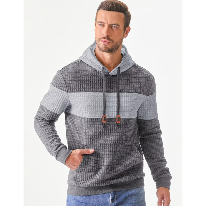 Худі чоловіче з довгим рукавом, теплий світшот з капюшоном, кольоровий блок, модель A (темно-сірий, L)