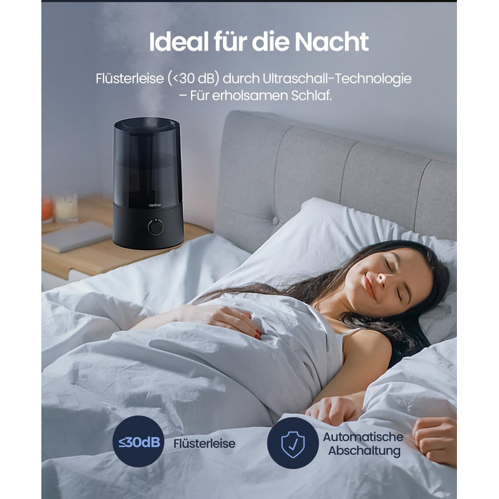 Зволожувач повітря Raydrop для спальні та дитячої кімнати, 1,7 л. Тихий, компактний ультразвуковий зволожувач для дитячої та рослин, просте керування та легке очищення, автоматичне вимкнення, 1,7 л, білий (4,0 л, чорний)