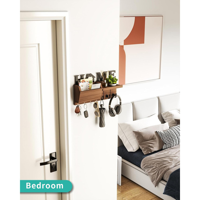 Держатель для ключів HapiRm з декором HOME, дерев'яне ключниця з 7 гачками, з полицею. Підходить для входу, передпокою, спальні, офісу, коричневий