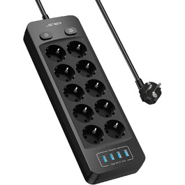 Мережева розетка JSVER 10 з USB, 4 порти зарядки, 16A, з вимикачем, 2м кабель, для смартфонів, ноутбуків, iPad – білий/чорний
