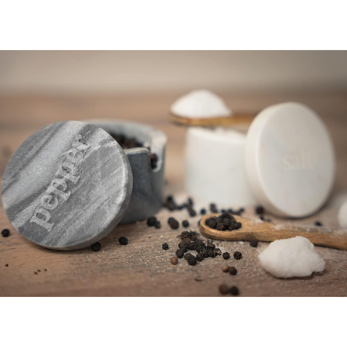 Birsppy Fair Trade Kitchen Utensils Salt and Pepper Shaker Set Marble with Spoon and Lid Salt Pot Stone