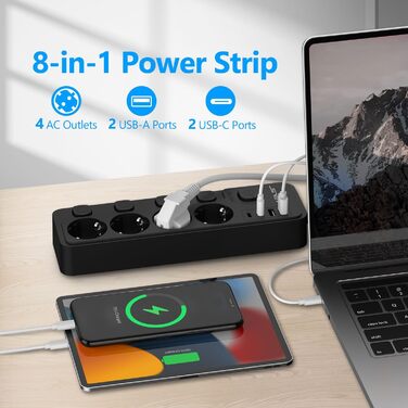 Мережевий адаптер JSVER на 5 розеток з індивідуальним вимикачем, 2 USB-A та 2 USB-C (17W), мережева стрічка з USB для столу з кабелем 2м для смартфонів, ноутбуків - білий (чорний 4-розеточний)